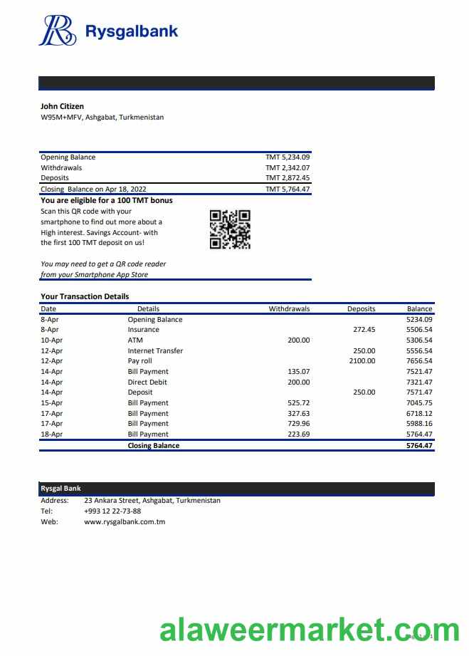 Turkmenistan Rysgal bank statement xls